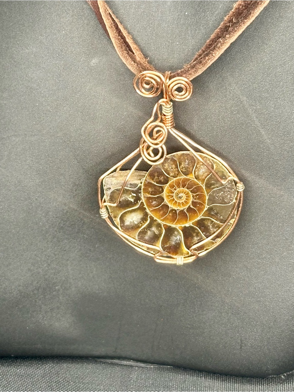 Ammonite Fossil Pendant Necklace Wire Wrapped Copper Tone Handmade Artisan Boho - Picture 2 of 8